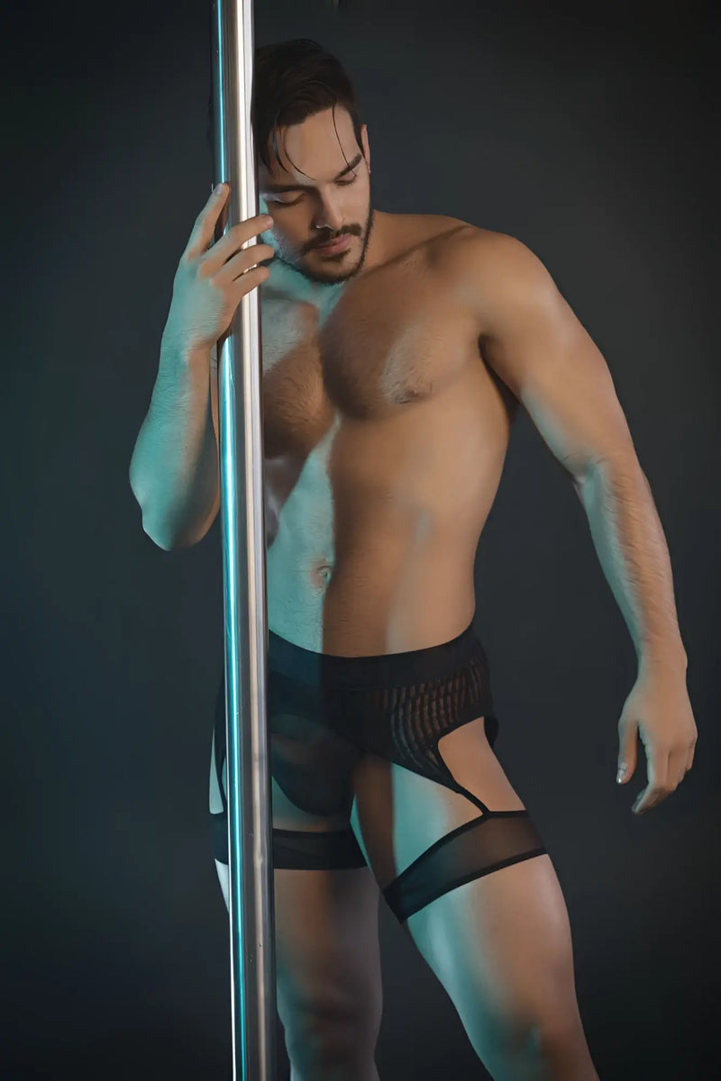 Black and silver mesh briefs with male power branding on the waistband from the men’s sexywear collection