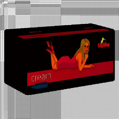 Red and black cardboard box with a cartoon woman in pink lingerie and ezy whip brand in chargers and dispensers collection