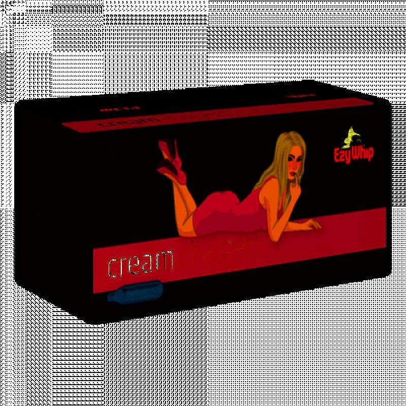 Red and black cardboard box with a cartoon woman in pink lingerie and ezy whip brand in chargers and dispensers collection