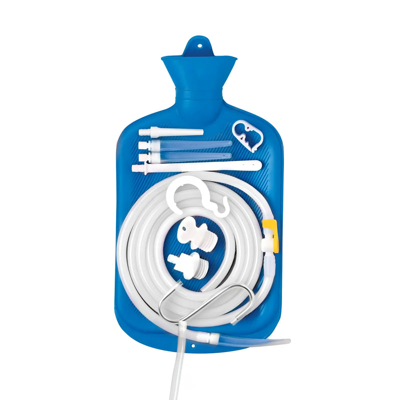 Blue rubber hot water bottle with white plastic tubes and accessories attached.