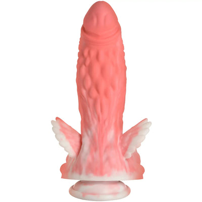 A pink and white winged silicone dildo from the Creature Cocks collection displayed against a plain background.