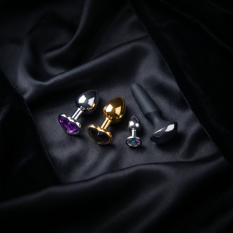 Premium anal plug collection — silver, gold and black silicone plugs with jewelled bases arranged on dark satin