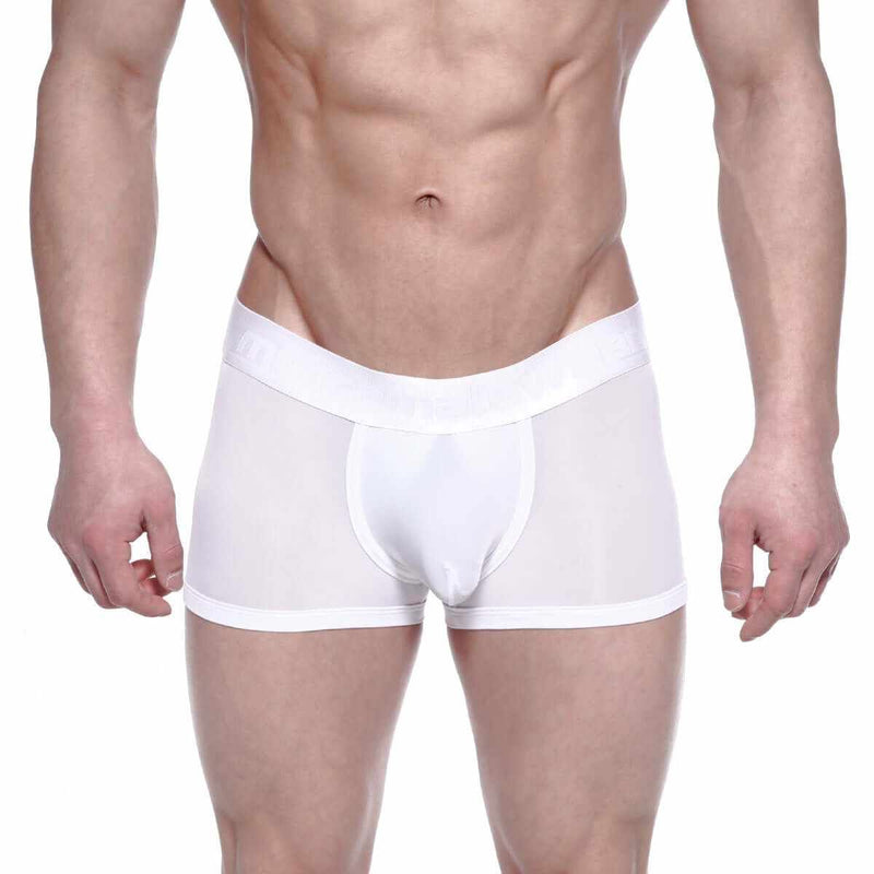 White sheer boxer briefs with anatomical pouch and solid white waistband, front view on white background.