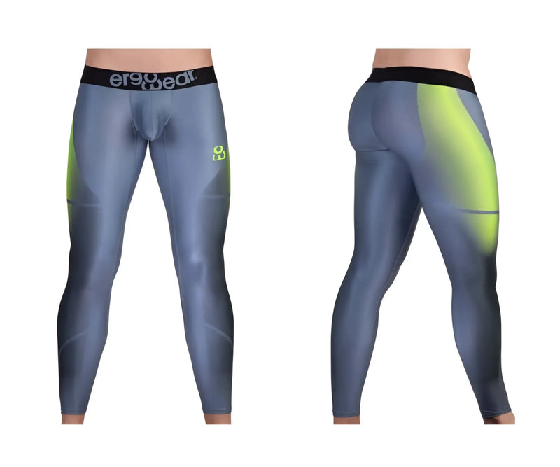 Grey and neon leggings worn by a model against a white background.