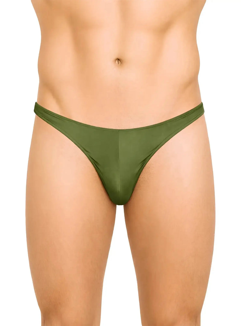 Smooth olive green low rise bikini briefs on a standing male model.