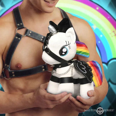 White plush pony with black leather harness and rainbow-colored wings from games novelty collection