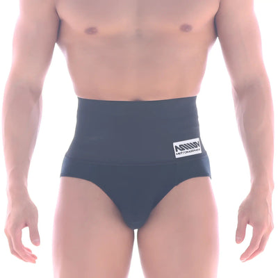 A man wearing black MetroMaleWear high-waisted shaping briefs on a white background.