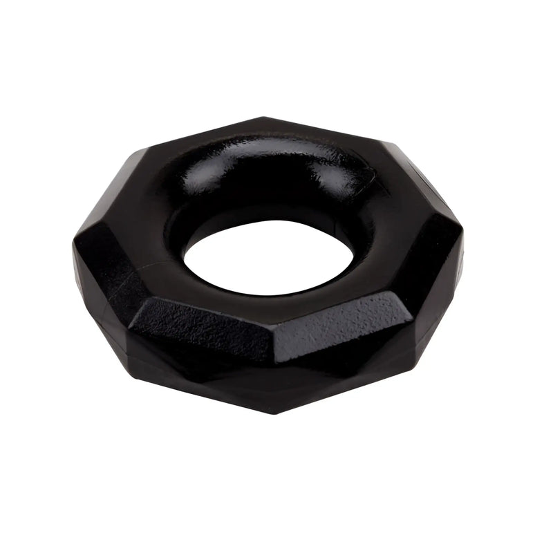 A black, octagonal, polished, hard-surfaced ring with a hollow centre, isolated white.