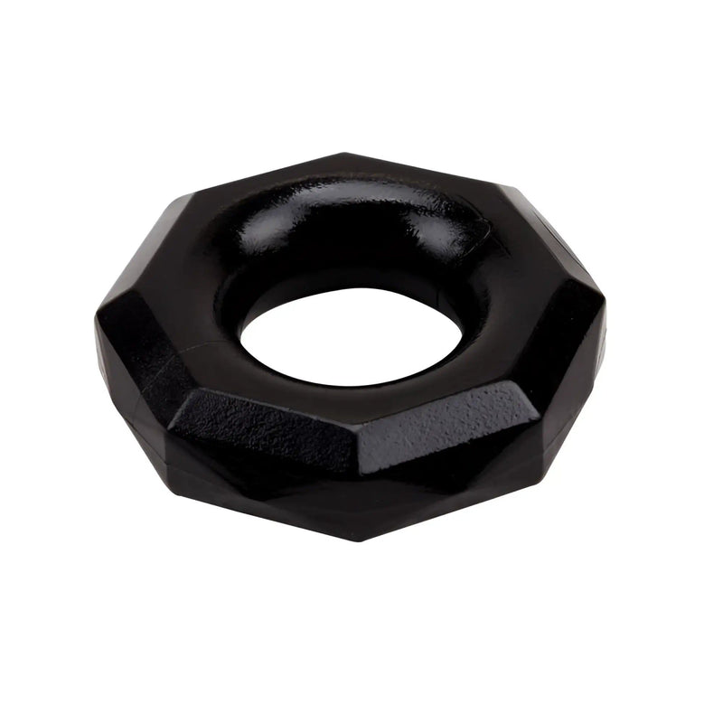 A black, octagonal, polished, hard-surfaced ring with a hollow centre, isolated white.