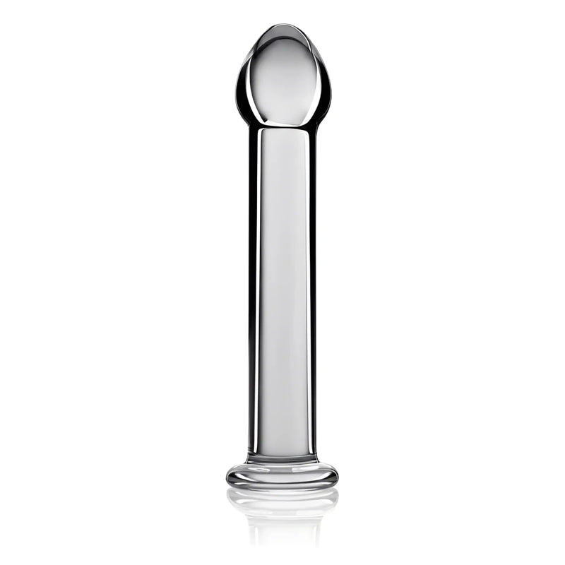 Smooth clear glass cylindrical object with a rounded top on white background.
