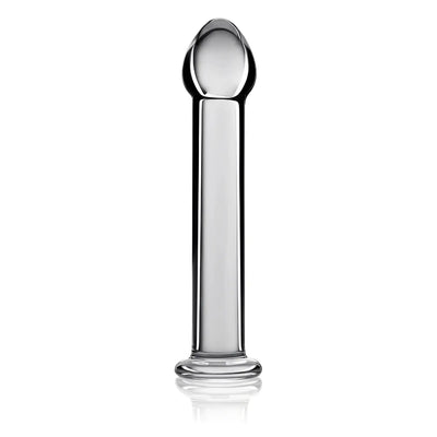 Glass Romance collection image featuring a clear glass anal plug with a rounded tip against a light background.