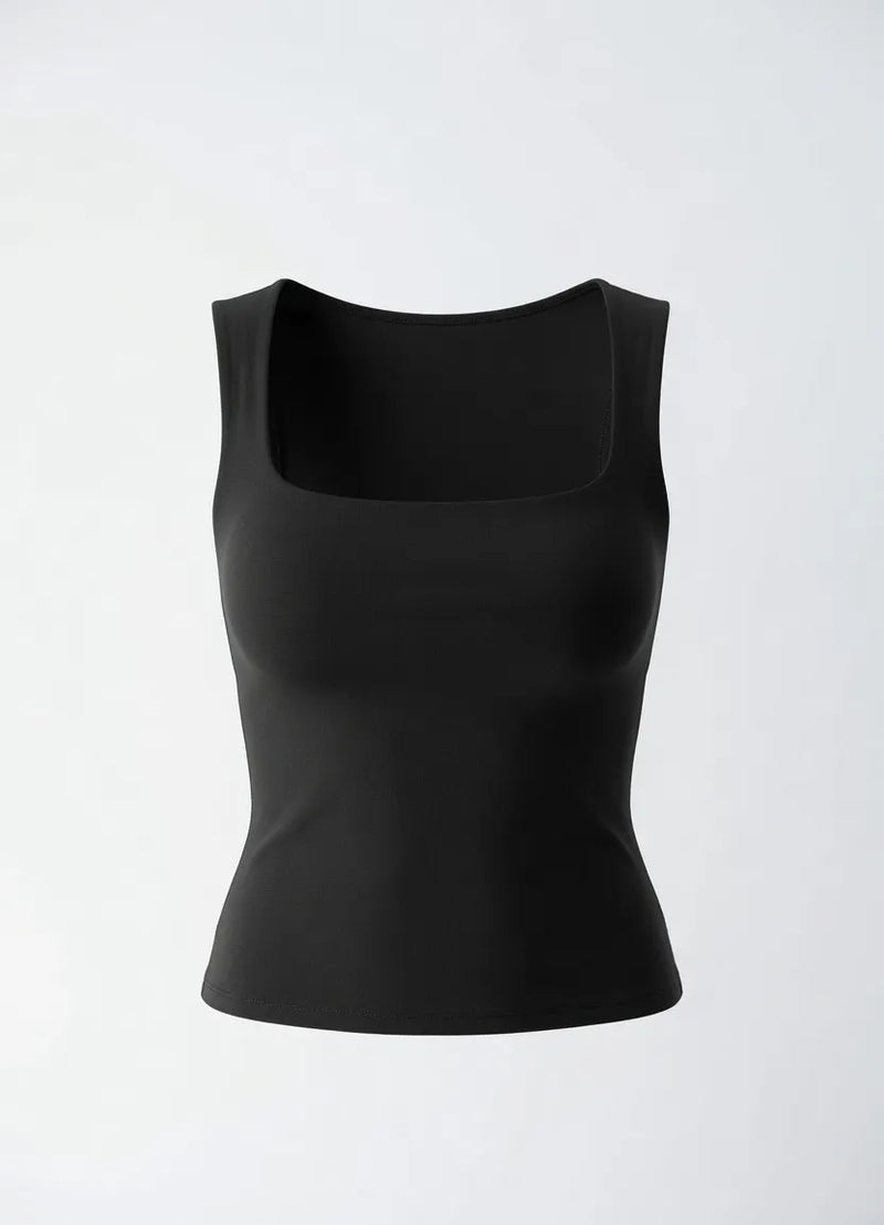 Smooth black square neck tank top displayed against a plain white background.