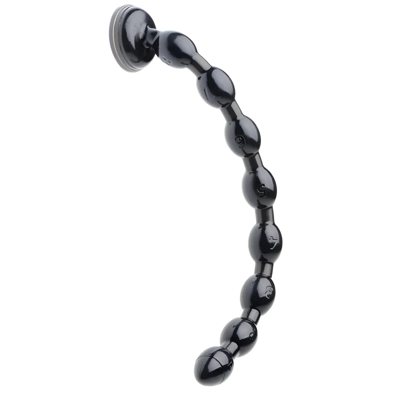 Curved black plastic chain of numbered spheres with suction cup base, isolated.