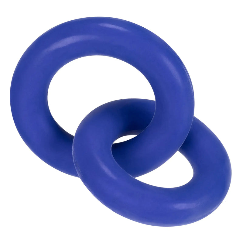 Two smooth, blue, circular rings are interlinked against a white background.