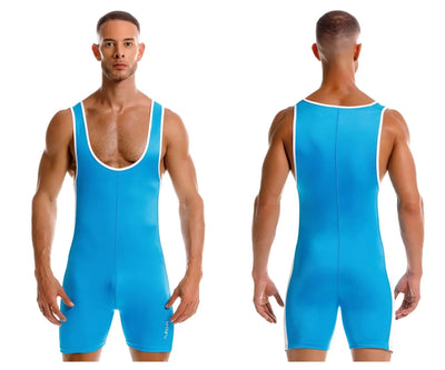 Man wears blue athletic singlet with white trim against white studio background.