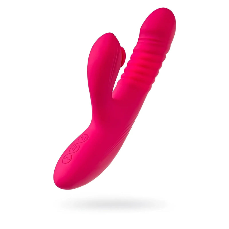 Bright pink silicone dual-head personal massager against a plain white background.
