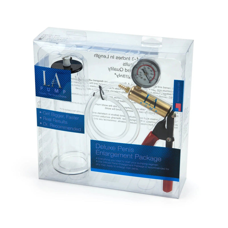LA Pump deluxe penis enlargement system with a clear cylinder and black pump handle displayed against a dark background.