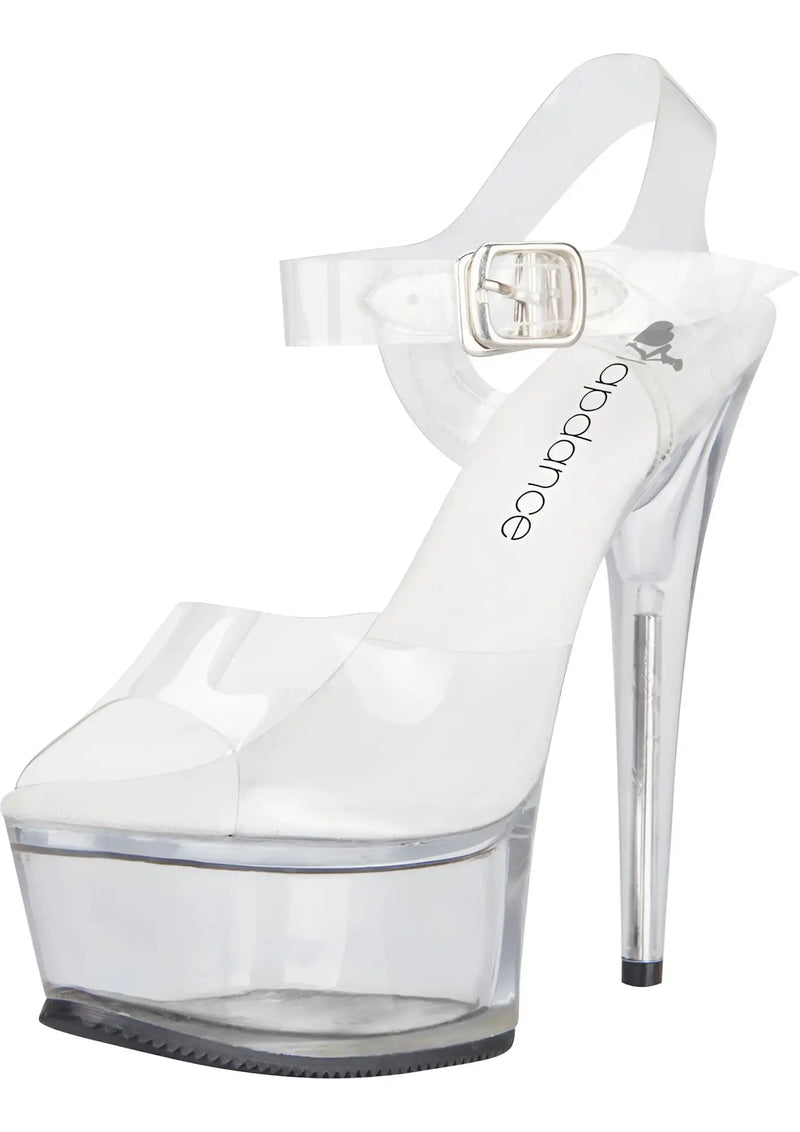 Clear plastic platform high heel sandal with an adjustable ankle strap buckle.