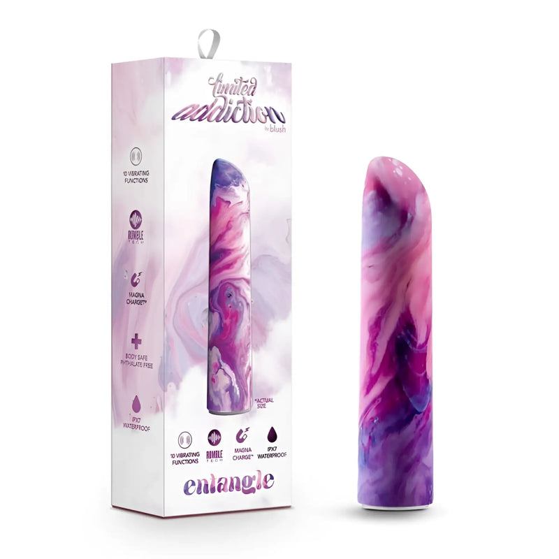 A smooth purple and pink marbled cylinder beside its tall rectangular box.