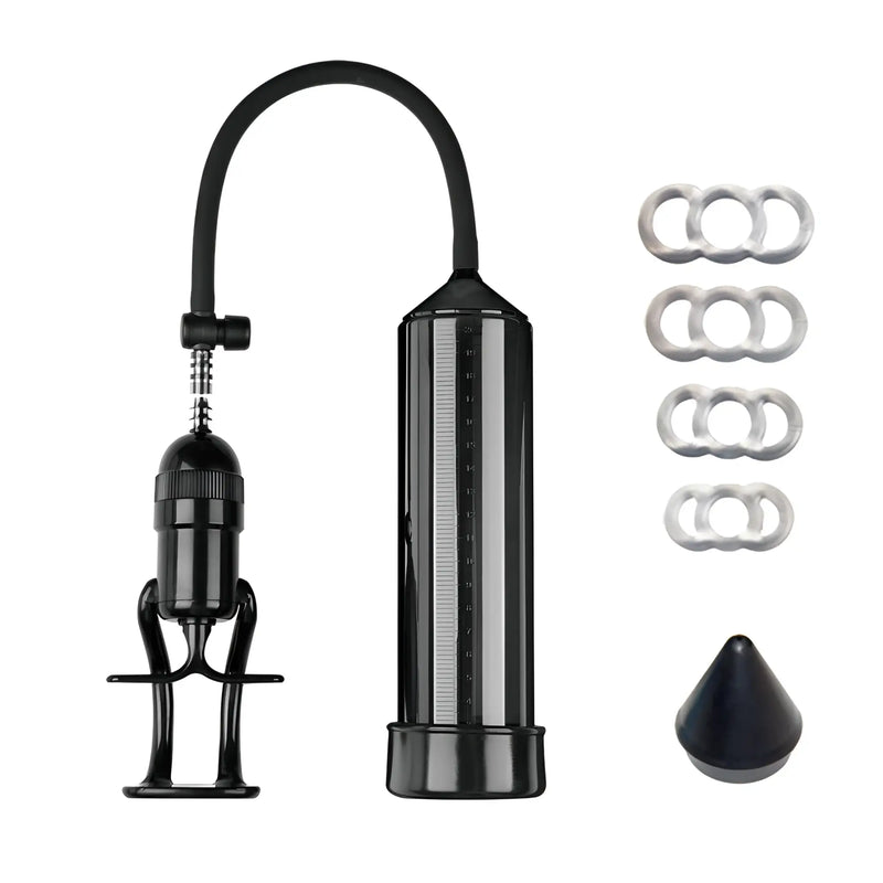 Black vacuum cylinder with manual pump hose and four grey silicone rings.