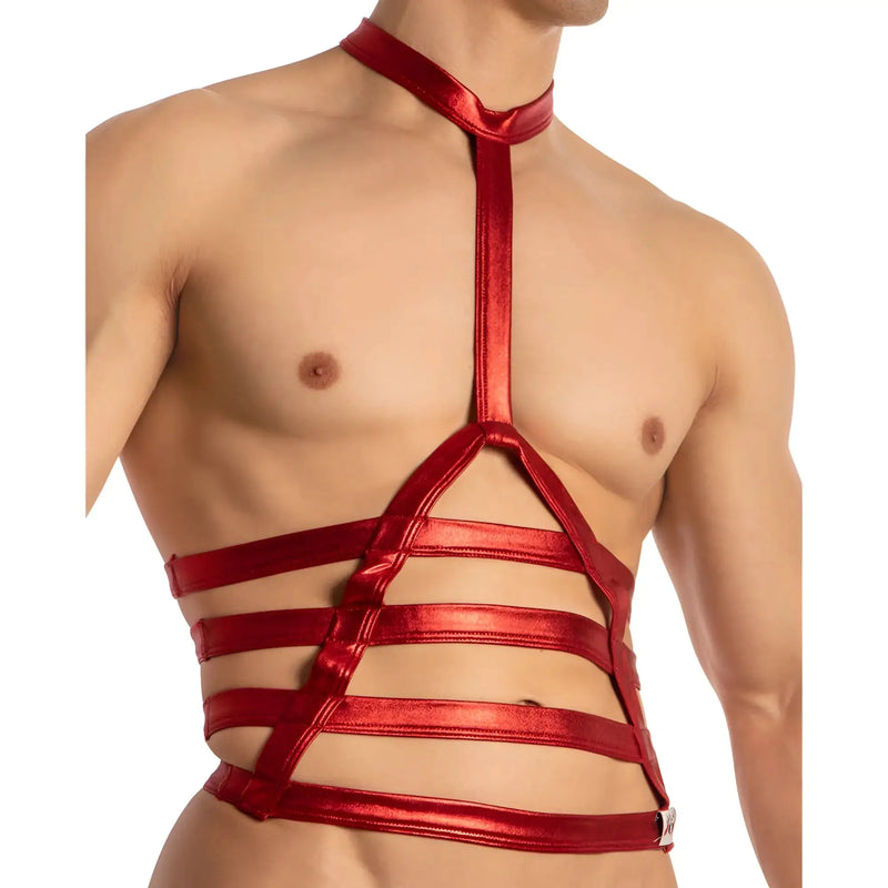 Shiny red metallic harness with straps crossing chest and waist against white.