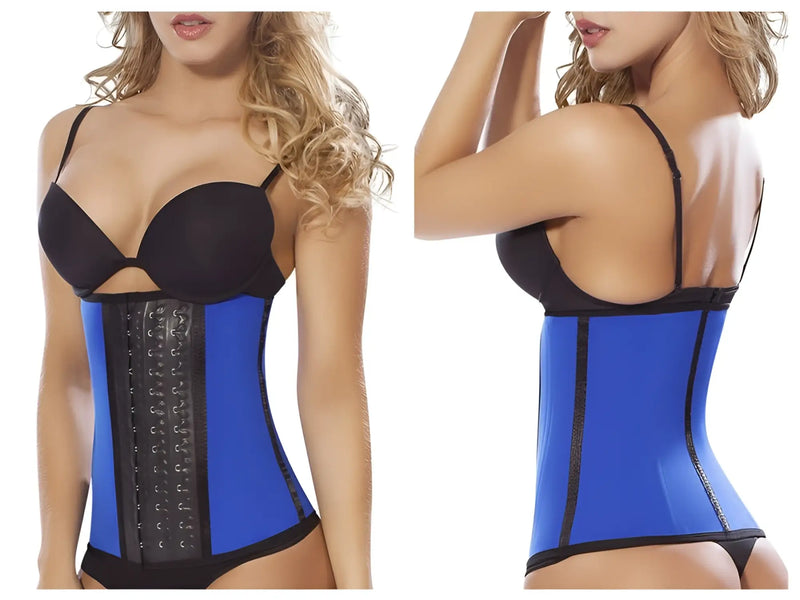 Blue waist cincher with black trim and hooks on white background studio.