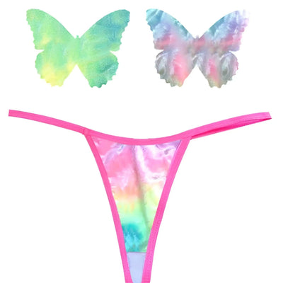 Pink thong with multicoloured tie-dye pattern and two colourful butterfly graphics.