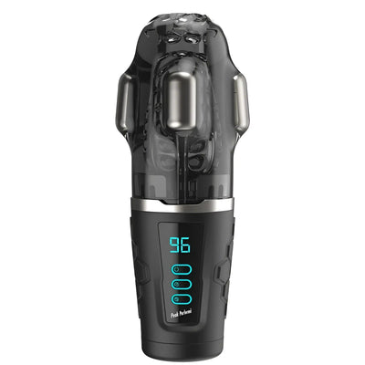 A sleek black Peak Performa automatic masturbator with an LCD screen on a dark background.