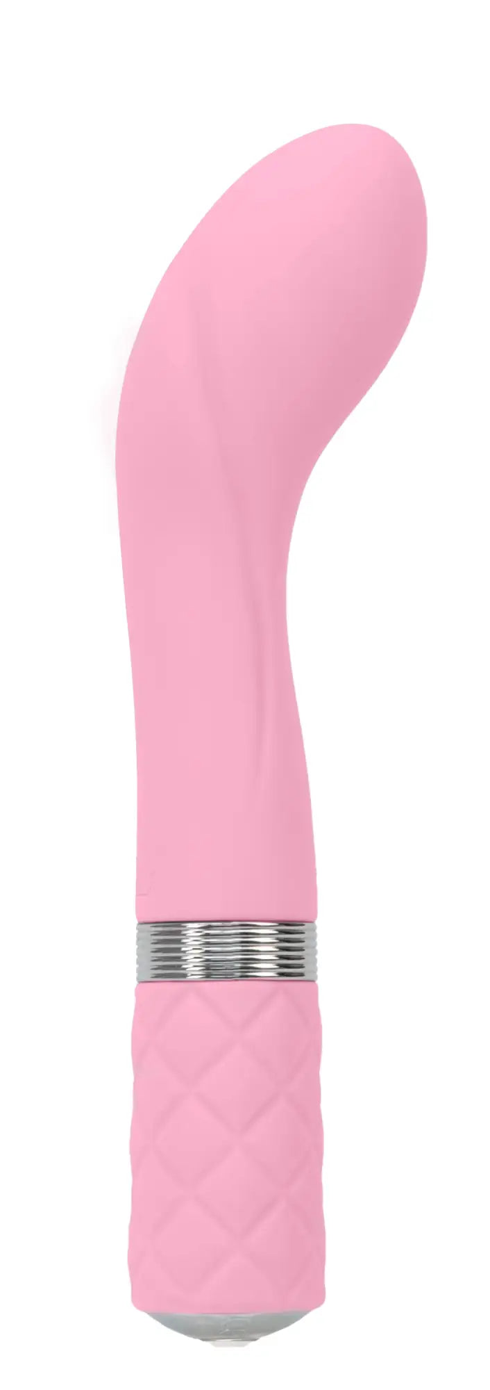 Curved matte pink object with a silver ring and diamond textured base.