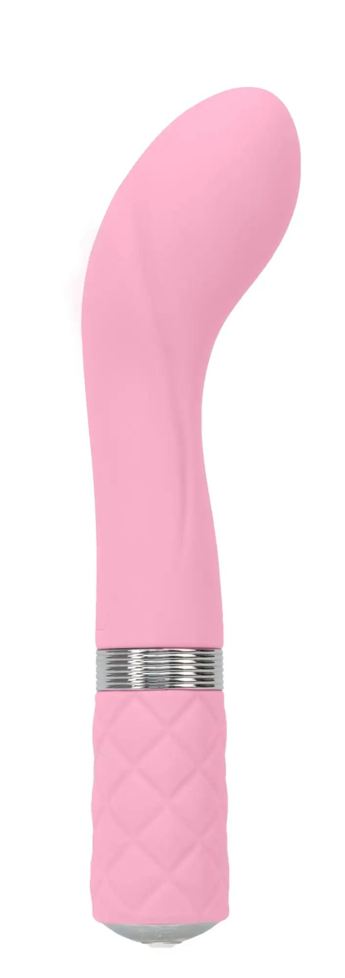 Pillow Talk collection featuring a sleek, metallic silver and bright pink silicone vibrator on a plain background.