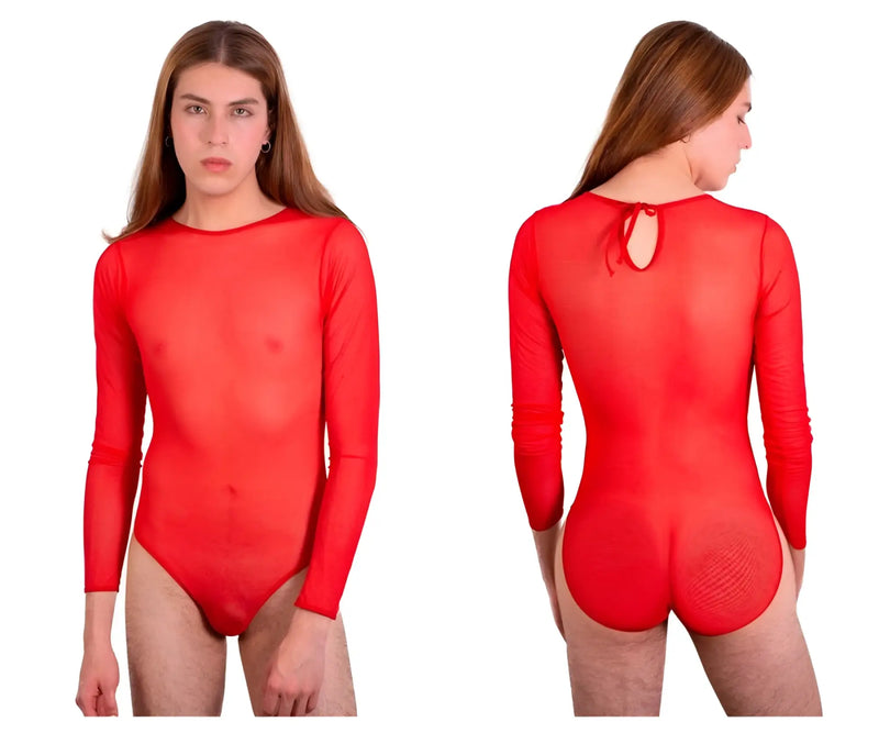 Long-haired model wearing a sheer red long-sleeved bodysuit against white background.
