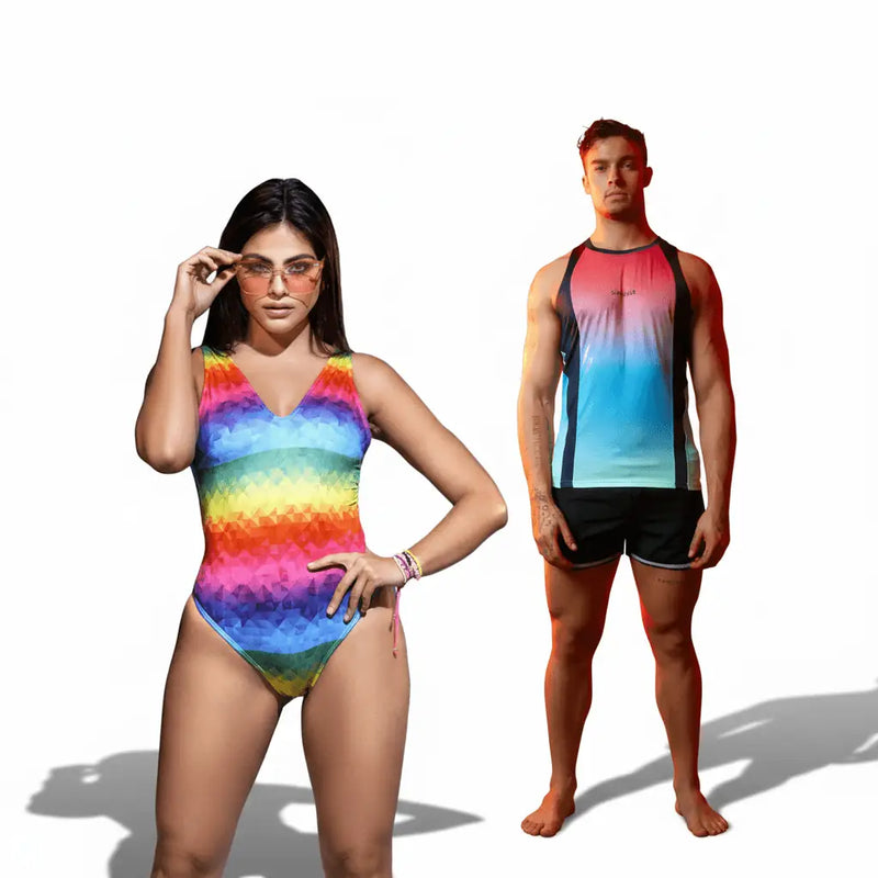 Rainbow gradient one-piece swimsuit with geometric pattern and v-neck from SeductiveUtopiaAPAC.com pride collection