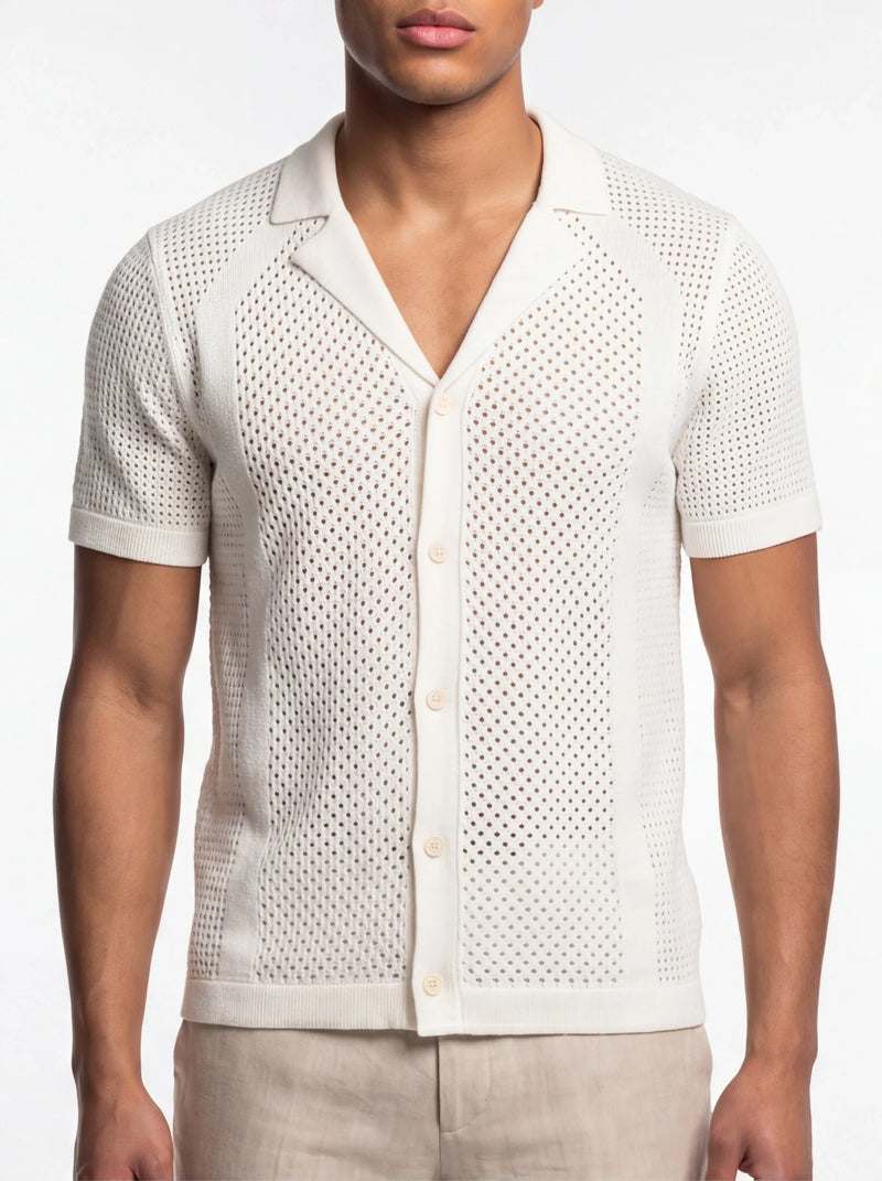 White mesh button-up shirt with short sleeves and front closure in 2EROS collection