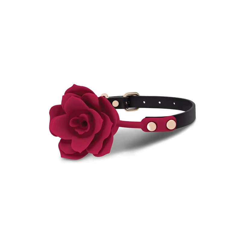 Black strap with gold buckles and a deep red matte rose feature.