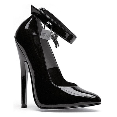 Black patent leather high-heeled pump with ankle strap and silver padlock and keys in shoes collection