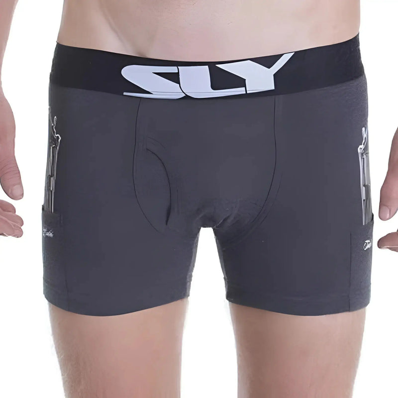 Grey boxer briefs featuring black waistband, side pockets and white graphic prints.
