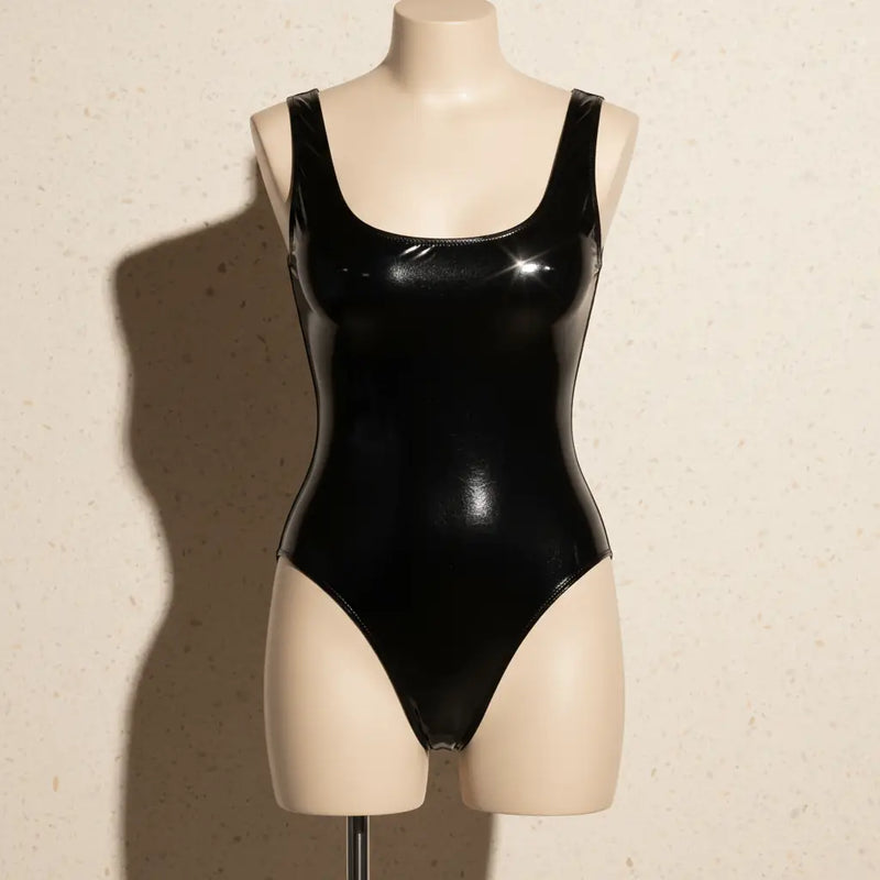 Black glossy latex one-piece swimsuit with square neckline and high-cut legs from starline la collection