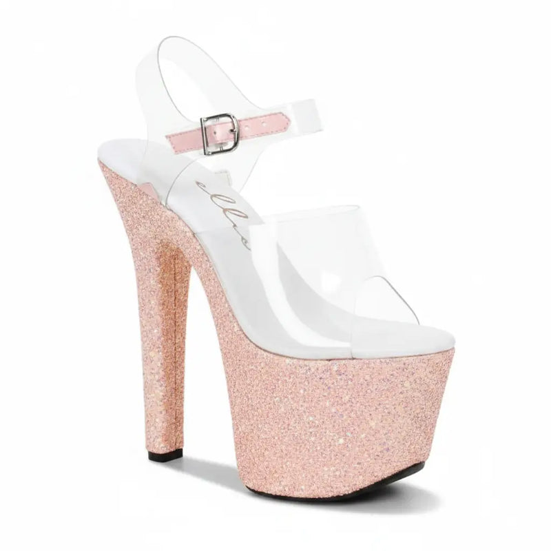 A pink glitter platform high heel with clear plastic strap and ankle buckle from ellie shoes sexy women’s shoes collection