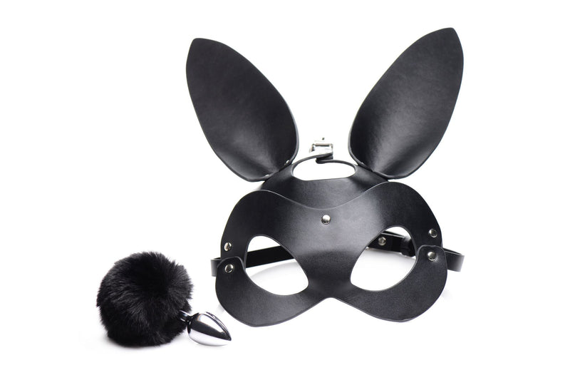 Black leather bunny mask with ear flaps and matching black furry tail attachment for easter costume