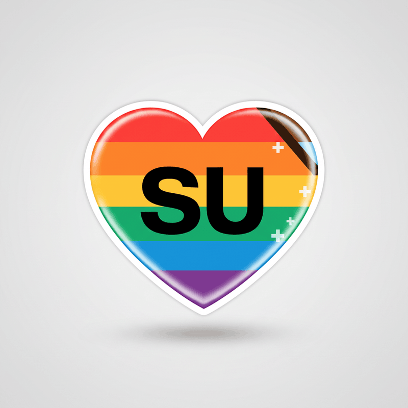 Heart graphic with rainbow stripes and the text 'SU', symbolizing pride and diversity for The New Arrivals Edit.