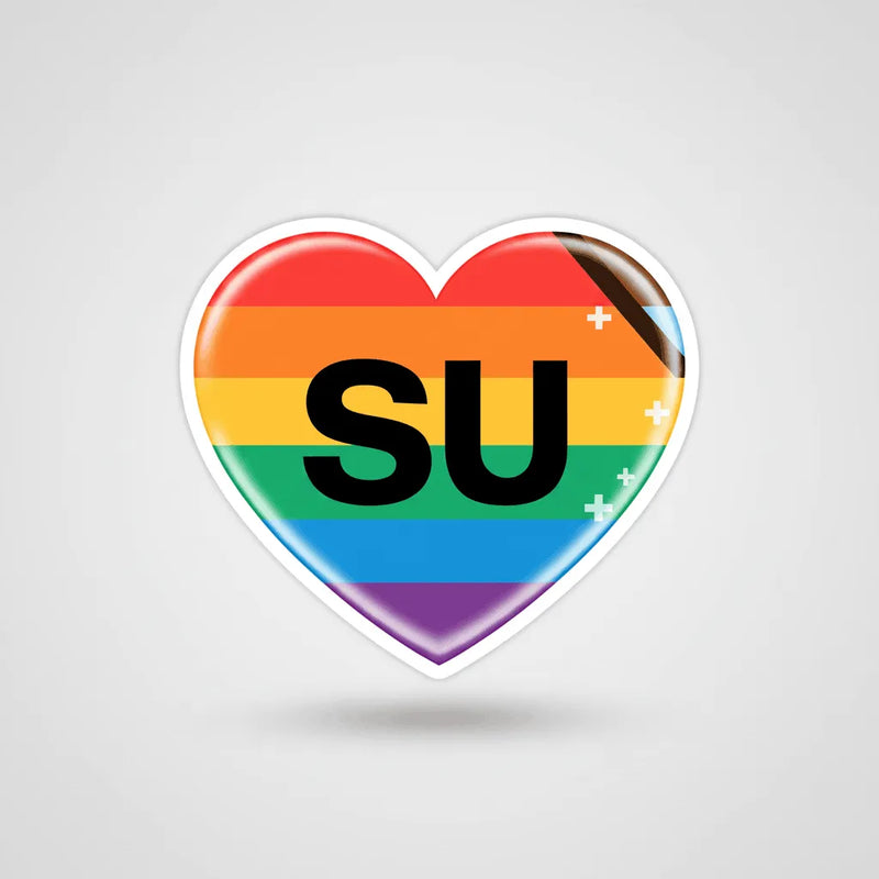 Heart graphic with rainbow stripes and the text 'SU', symbolizing pride and diversity for The New Arrivals Edit.