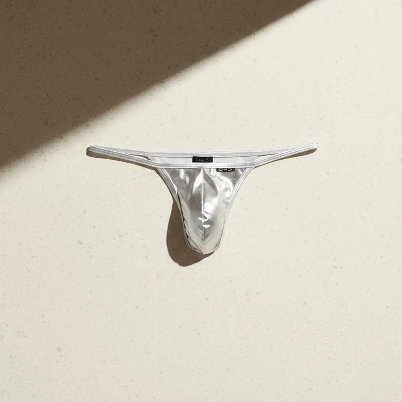 U-Station Underwear silver thong displayed against a minimalist background showcasing premium fabric and contoured support.