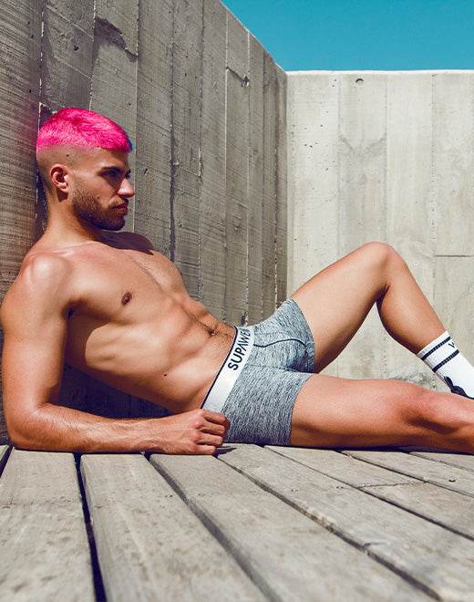 Gray heathered supra brand briefs with white elastic waistband men’s boxers and trunks underwear collection