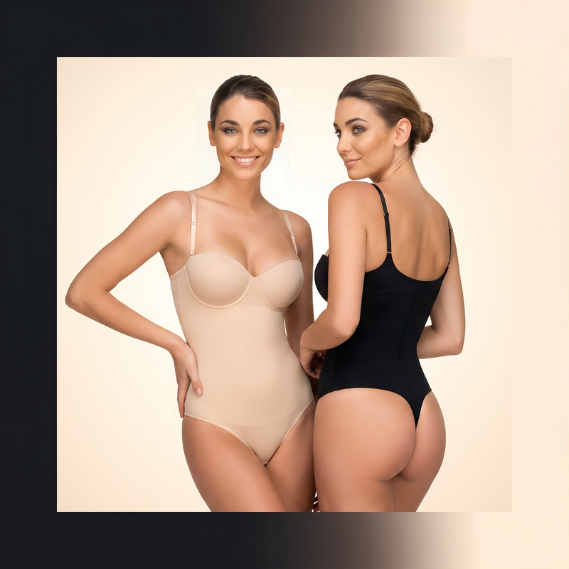 Vedette Shapewear editorial — two women in nude and black seamless bodysuits showcasing premium shaping lingerie