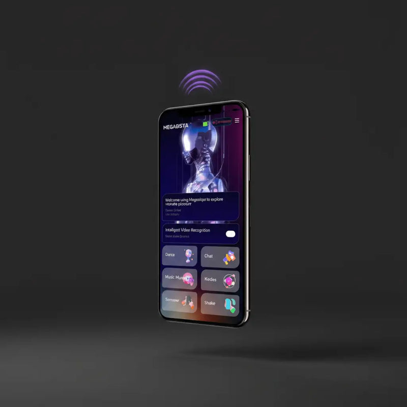 A sleek black smartphone displaying a futuristic app interface with vibrant purple and blue graphics in xise adult toys collection