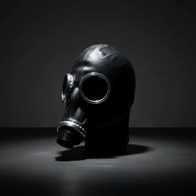 Black rubber gas mask with metallic silver-rimmed eye and mouthpiece openings from xtrm adult toys collection.