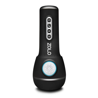 Matte black handheld device with silver control buttons and white circular base.