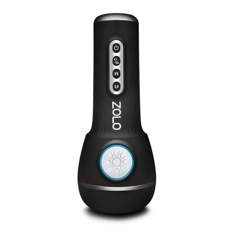 Matte black handheld device with silver control buttons and white circular base.