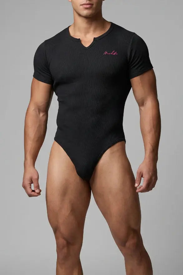 JJ Malibu Men's Striker V-Neck Short Sleeve Bodysuit - Noir