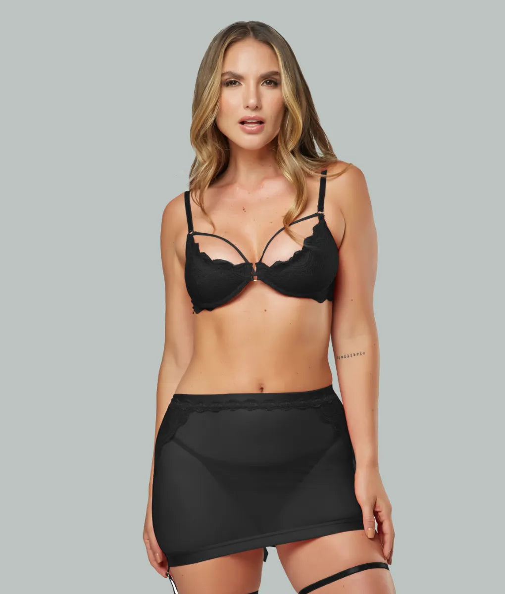 FemmeBasics Women's Temptress Trilogy Lace Lingerie Set - Onyx